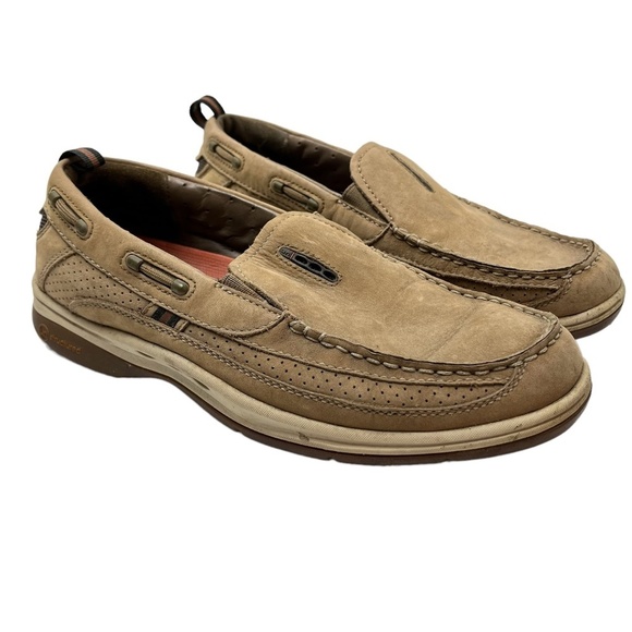 CLARKS UNSTRUCTURED Beige Tan Genuine Leather Loafers Boat Shoes Casual sz 8 M - Picture 1 of 16